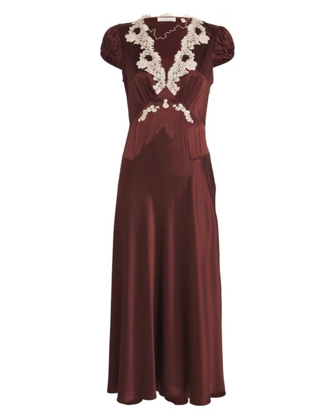 Burgundy Silk Maxi Dress with Cream Lace Trim